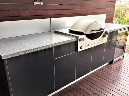 1357-LimeTree Alfresco Weber Q3600 BBQ Steel Grey Corian Platinum Alfresco Kitchen