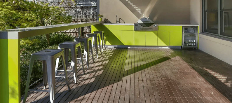 Weber Q3600 Dulux Rainforest Glow Corian Concrete and Clam Shell Alfresco Kitchen 4-1-2