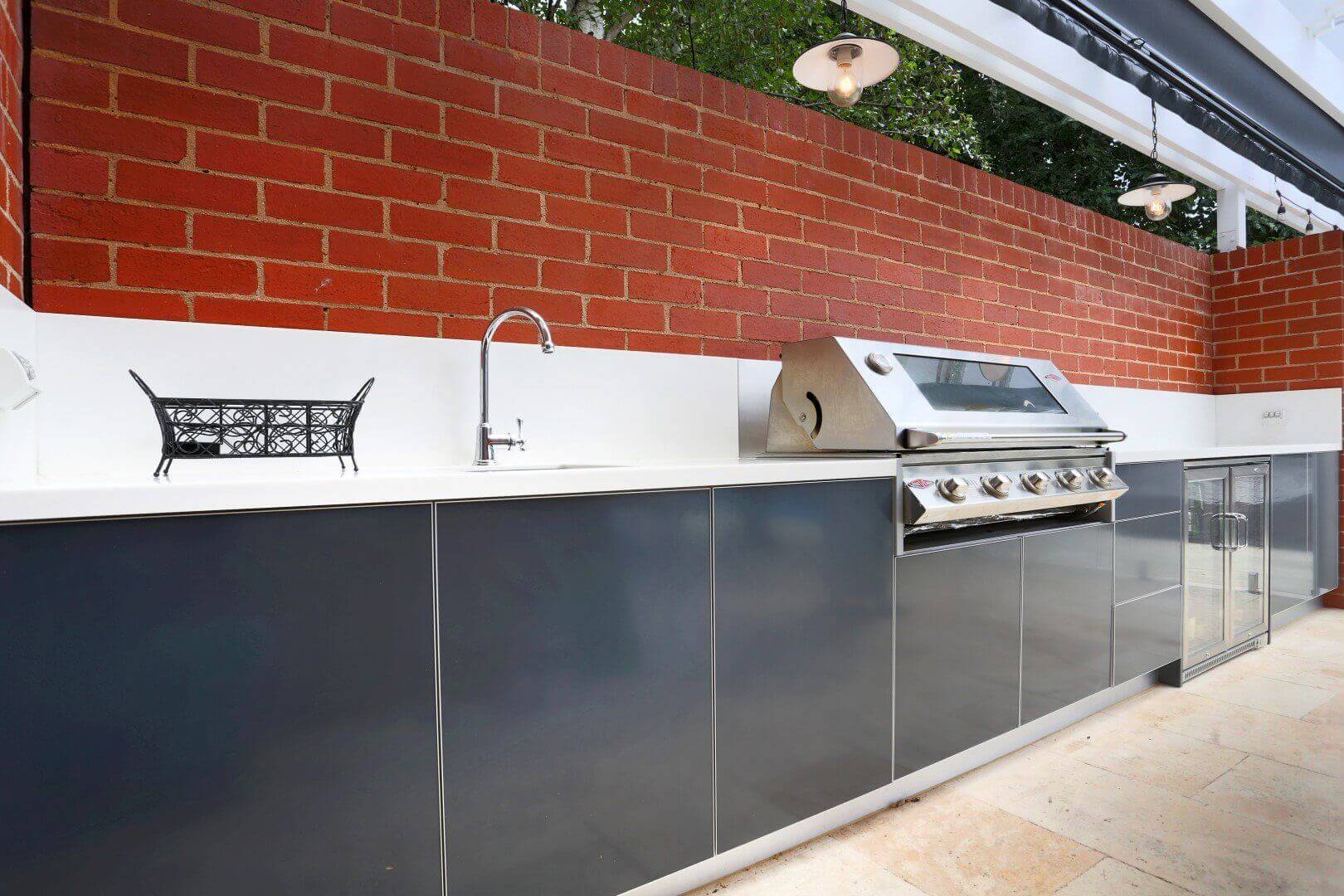 Beefeater Signature 3000 5 Burner Matte Steel Grey Corian Cameo White Outdoor Kitchen 6-1