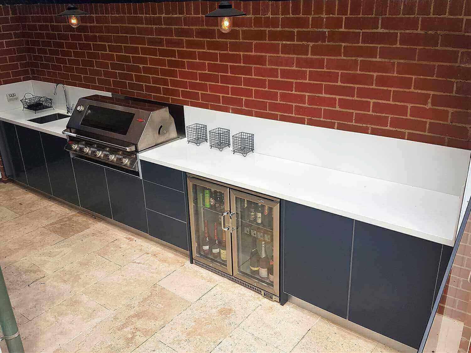 LimeTree Alfresco Beefeater Signature 3000 5 Burner Steel Grey Corian Cameo White Outdoor Kitchen