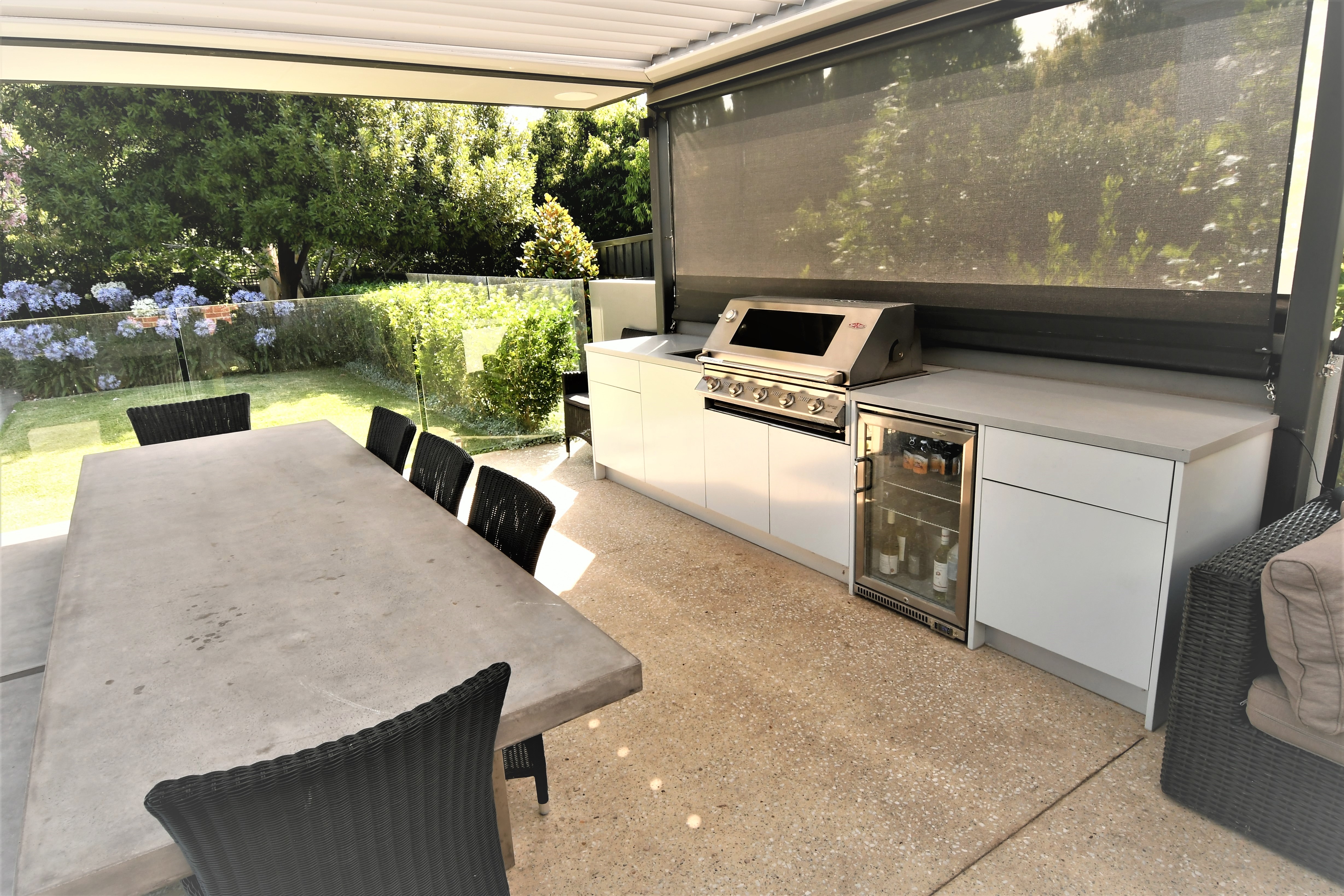 Beefeater Signature 3000S 5 BNR BBQ with Matte White and Corian Dove Outdoor Kitchen 1-1
