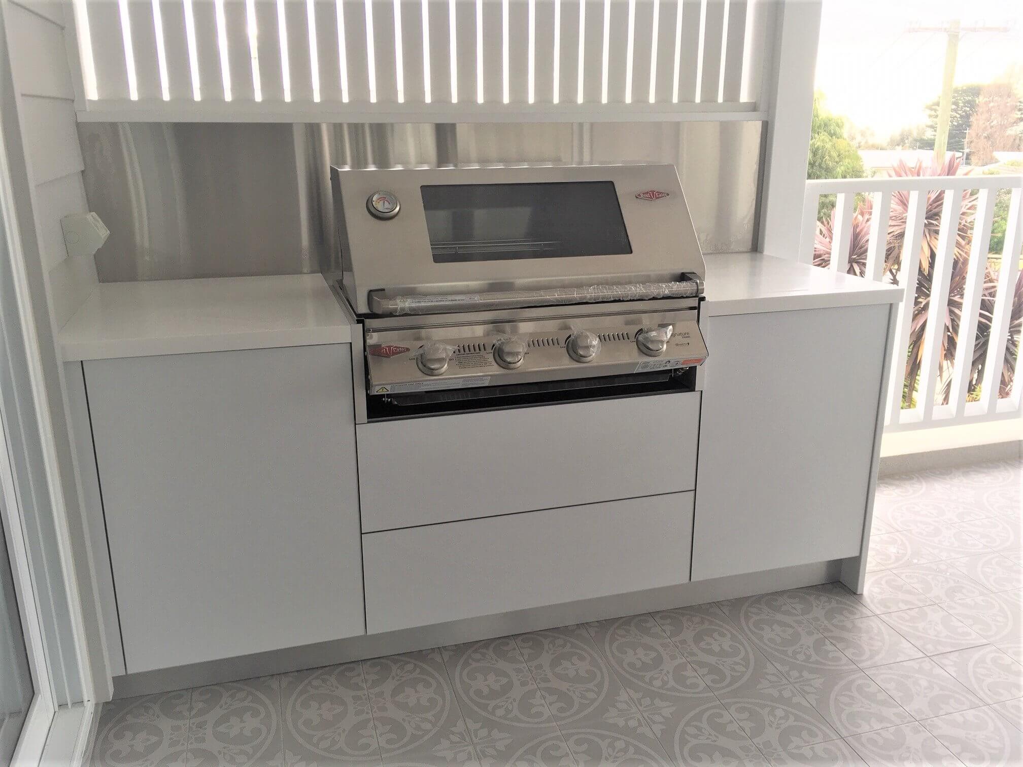 Beefeater Signature 3000SS Matte White Cabinets with Corian Glacier White Benchtops Alfresco Kitchen-1