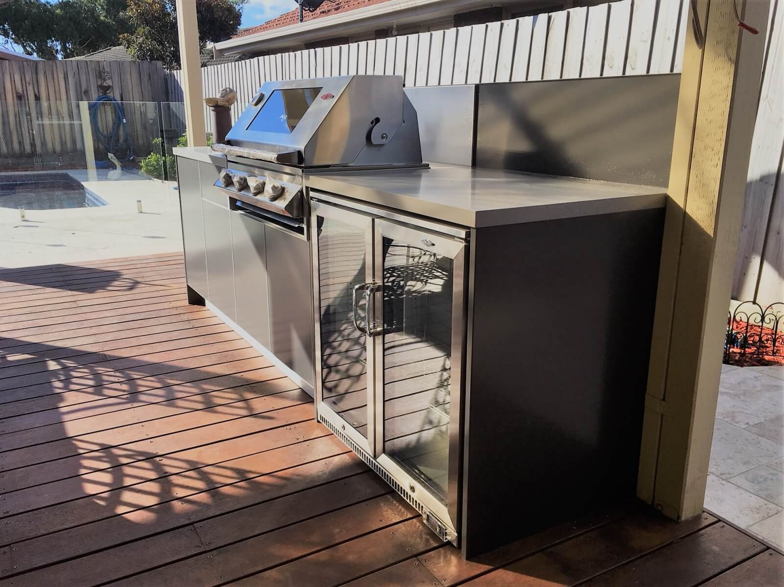 Beefeater Signature 3000S 4 Burner Metallic Charcoal Corian Dove Outdoor Kitchen