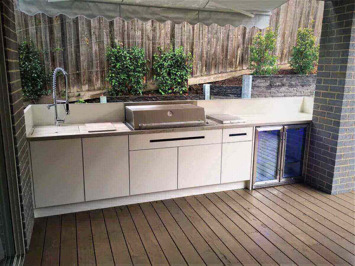 LimeTree Alfresco Beefeater Proline Hood Matte White Corian Neutral Concrete Alfresco Outdoor Kitchen