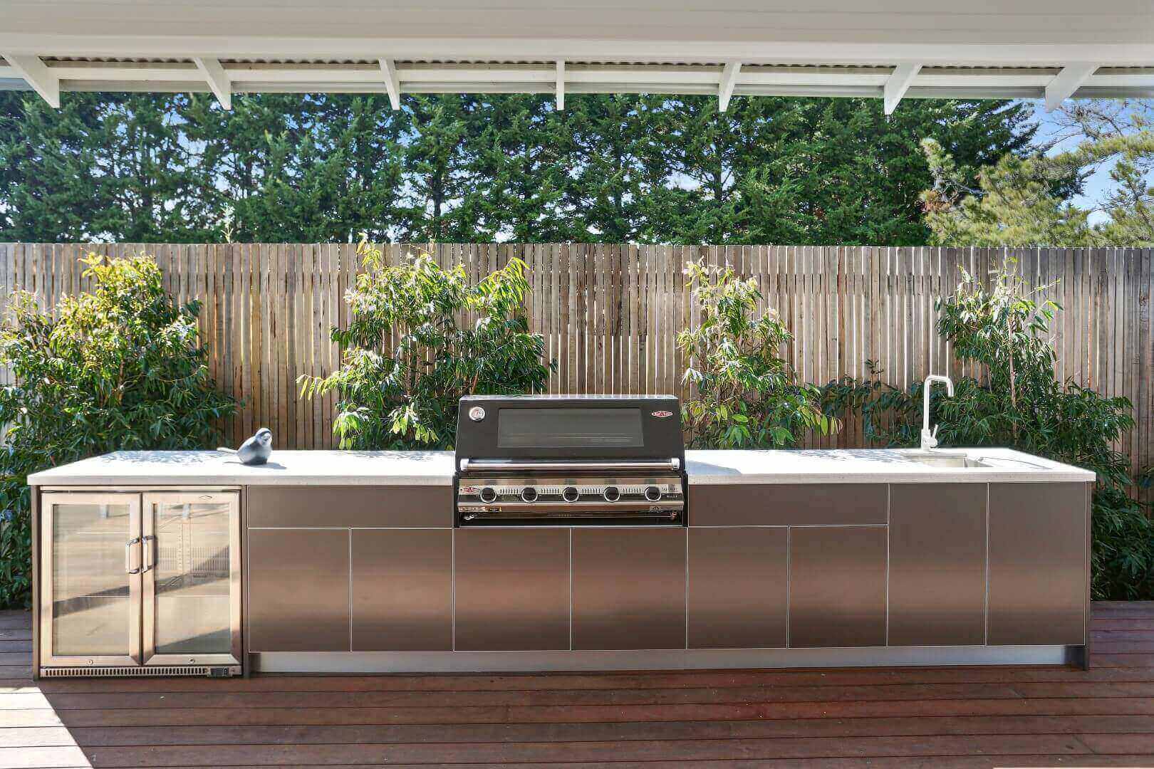 633-LimeTree Alfresco Beefeater 3000E 5 BNR Metallic Charcoal Corian Silver Birch Outdoor Kitchen 4LR