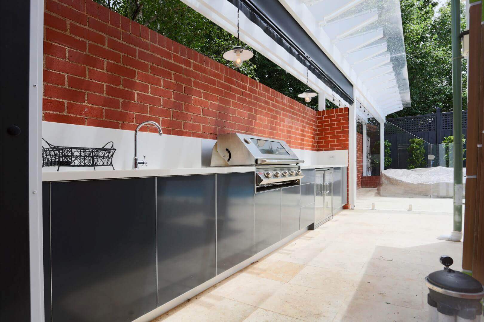 671-LimeTree Alfresco Beefeater Signature 3000 5 Burner Matte Steel Grey Corian Cameo White Outdoor Kitchen 7