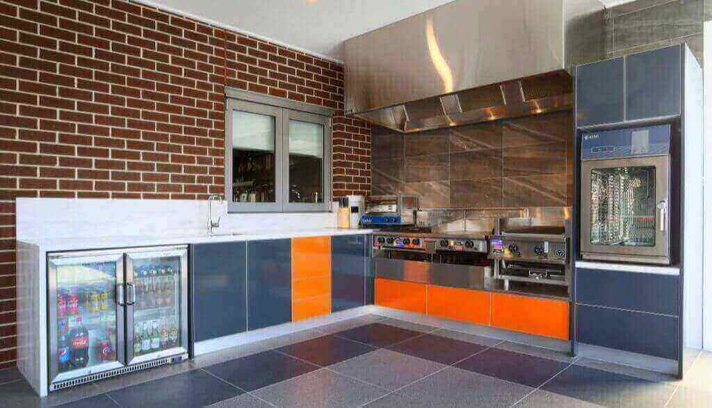 Commercial Outdoor Matte Steel Grey Orange Corian raincloud Alfresco Kitchen