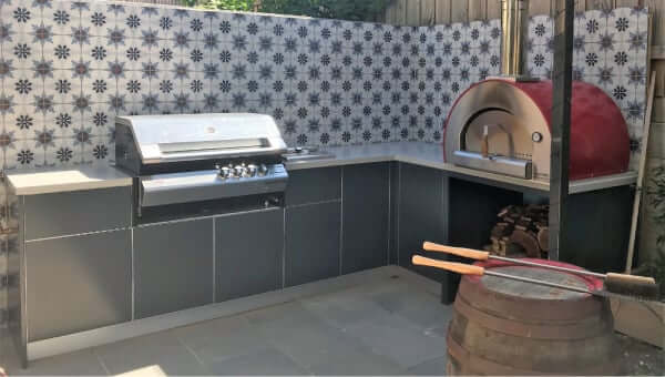 Turbo Elite 4 Burner BBQ Matte Steel Grey Corian Dove Outdoor Kitchen with Alfa 5 Minuti Pizza Oven 1-1 1